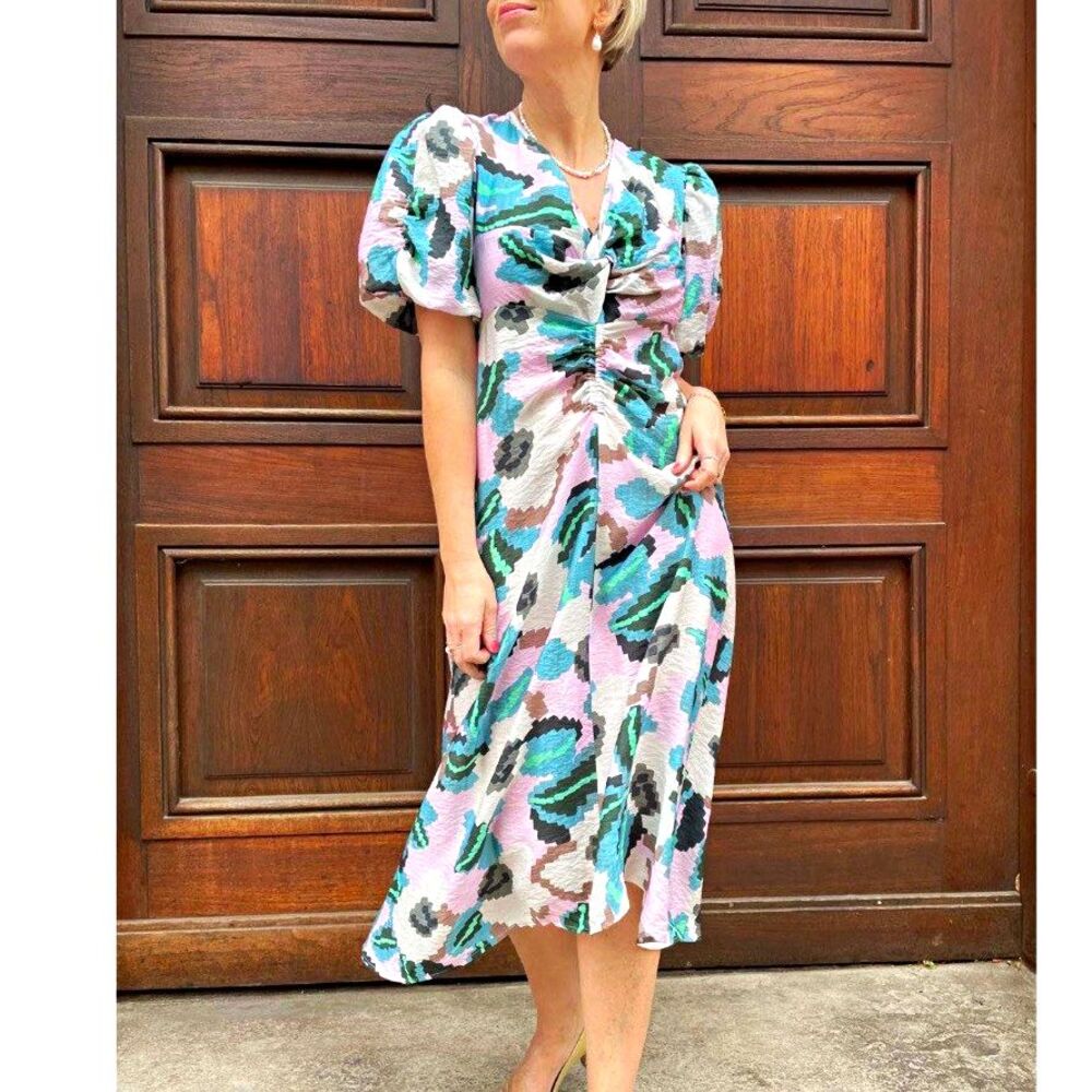 MUNTHE Gowny Dress Ruched Puff Sleeve Floral Midi V-Neck DK/EU 42 (US 12) Flowy